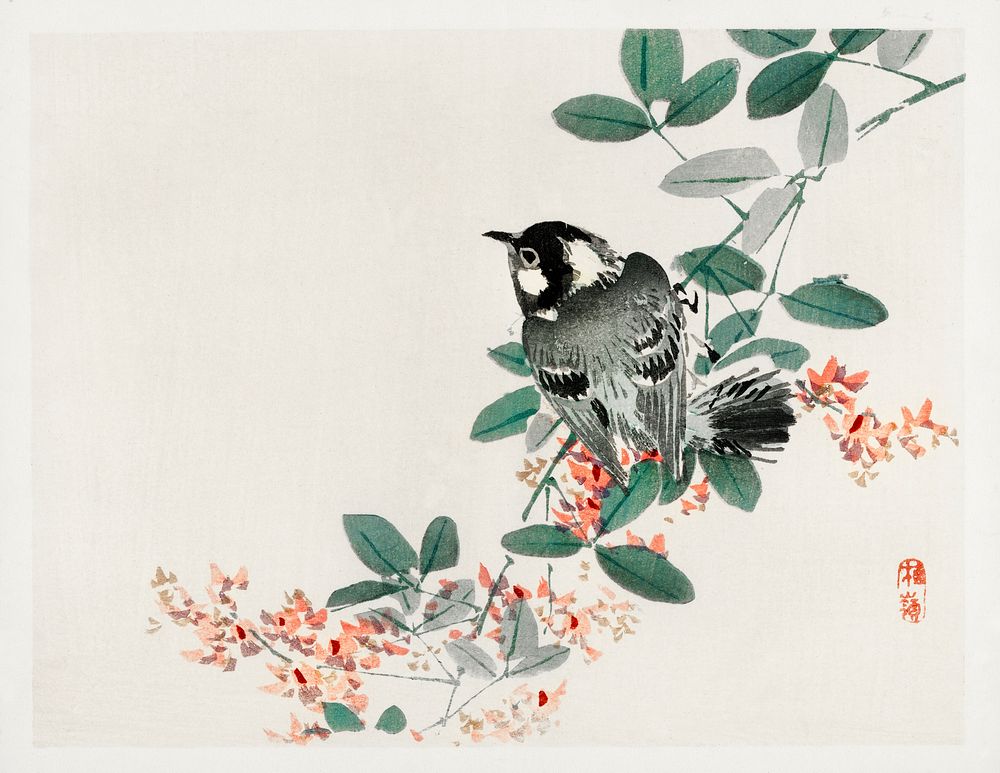 Black-capped chickadee by Kōno Bairei (1844-1895). Digitally enhanced from our own original 1913 edition of Barei Gakan. 