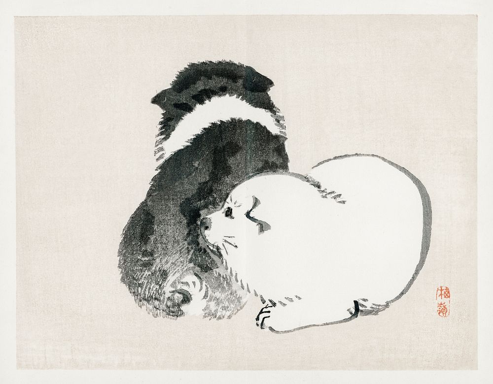 Black and white puppies by Kōno Bairei (1844-1895). Digitally enhanced from our own original 1913 edition of Barei Gakan. 