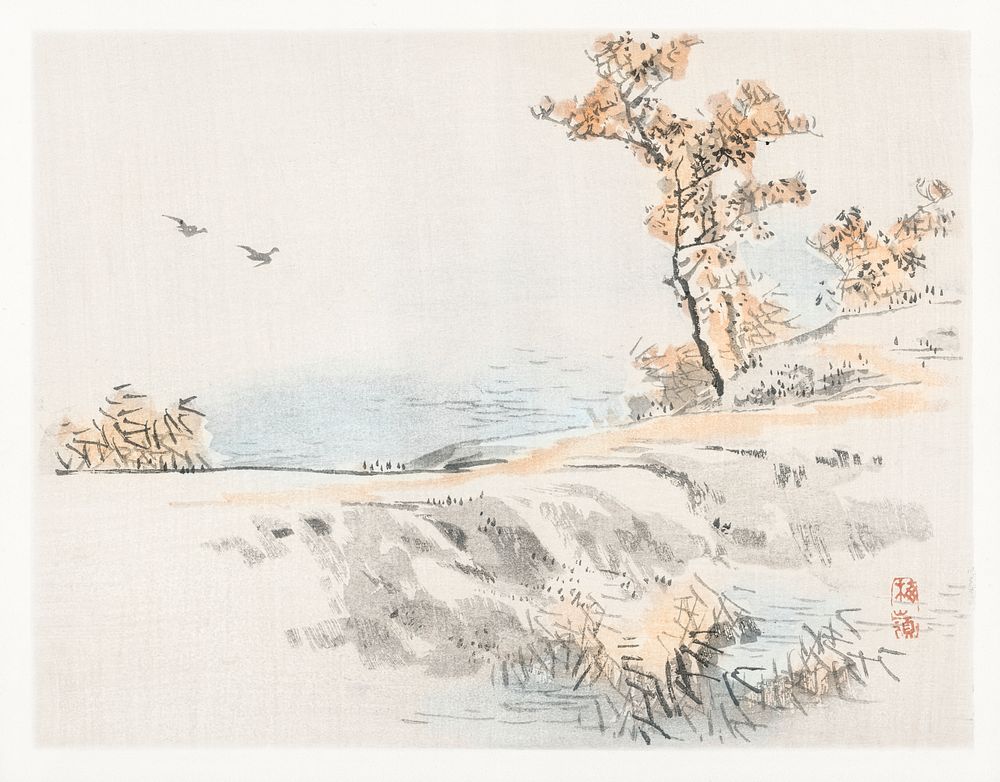 Landscape by Kōno Bairei (1844-1895). Digitally enhanced from our own original 1913 edition of Barei Gakan. 