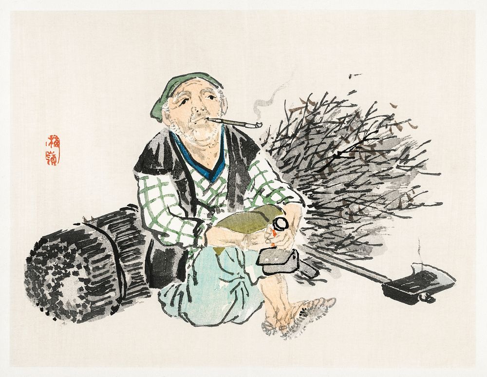 Smoking farmer with branches by Kōno Bairei (1844-1895). Digitally enhanced from our own original 1913 edition of Barei…