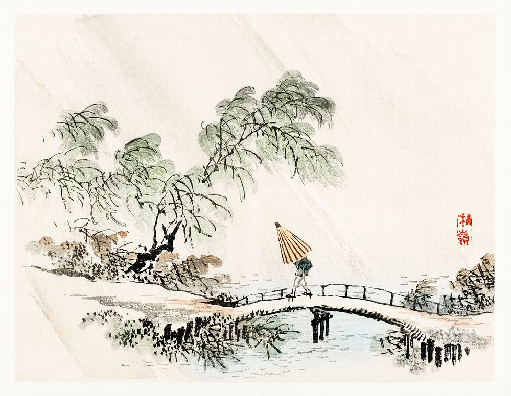 A man crossing the bridge by Kōno Bairei (1844-1895). Digitally enhanced from our own original 1913 edition of Barei Gakan. 