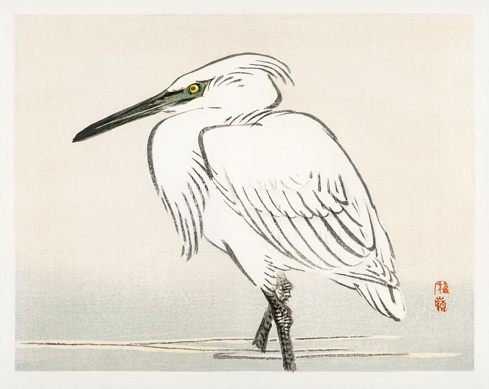 Snowy egret by Kōno Bairei (1844-1895). Digitally enhanced from our own original 1913 edition of Barei Gakan. 