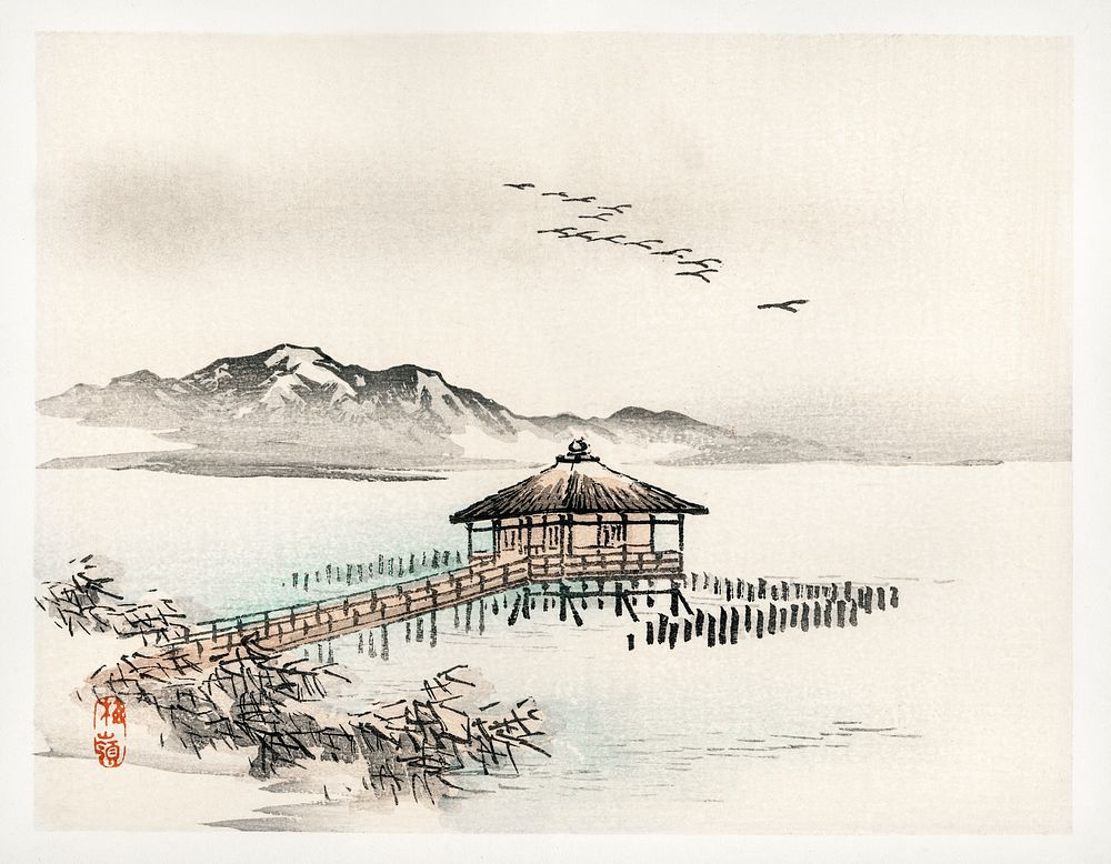 Cottage by the sea by Kōno Bairei (1844-1895). Digitally enhanced from our own original 1913 edition of Barei Gakan. 