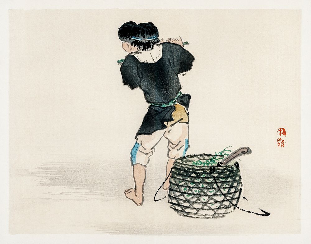 Man with basket by Kōno Bairei (1844-1895). Digitally enhanced from our own original 1913 edition of Barei Gakan. 