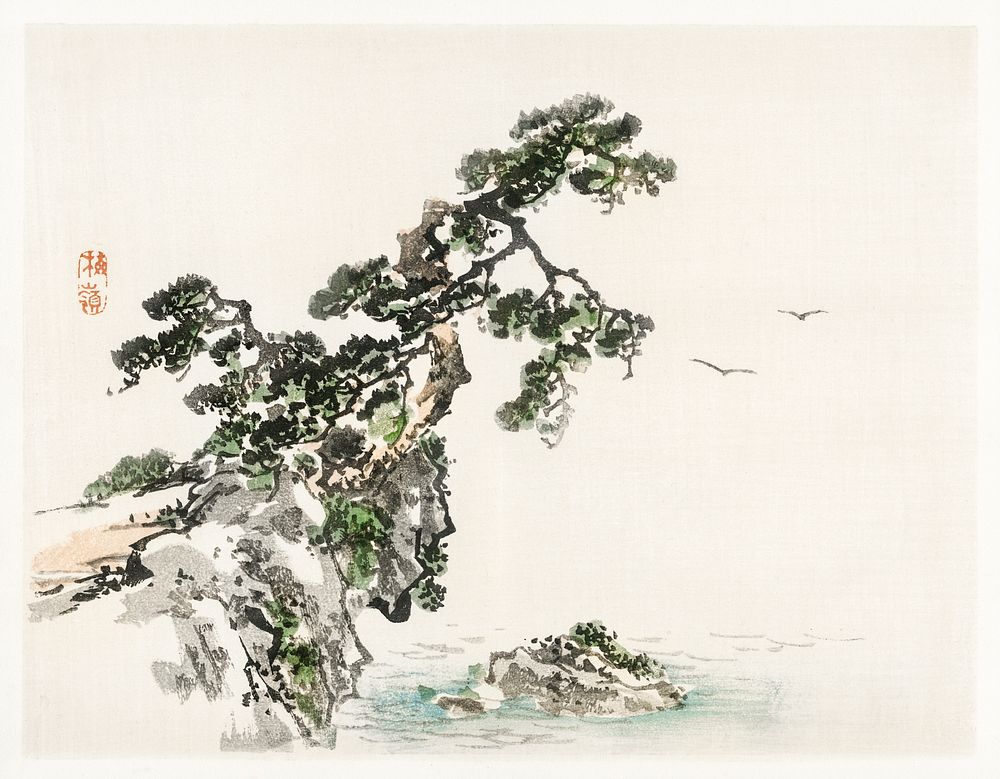 Cliff by Kōno Bairei (1844-1895). Digitally enhanced from our own original 1913 edition of Barei Gakan. 