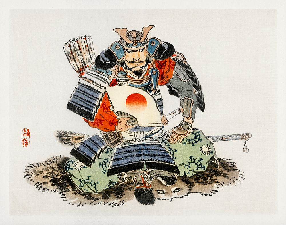 Samurai by Kōno Bairei (1844-1895). Digitally enhanced from our own original 1913 edition of Barei Gakan. 