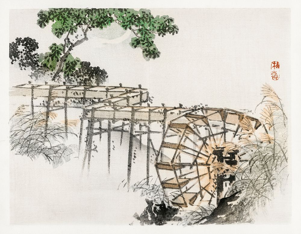 Water wheel by Kōno Bairei (1844-1895). Digitally enhanced from our own original 1913 edition of Barei Gakan. 