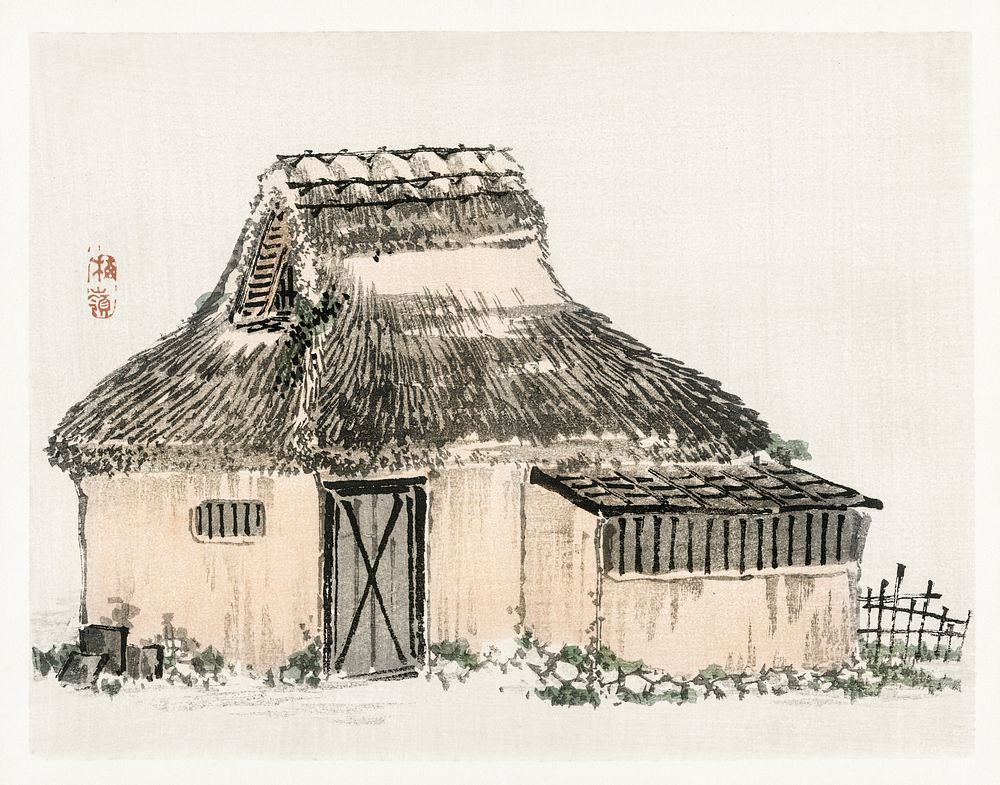 Japanese cottage by Kōno Bairei (1844-1895). Digitally enhanced from our own original 1913 edition of Barei Gakan. 