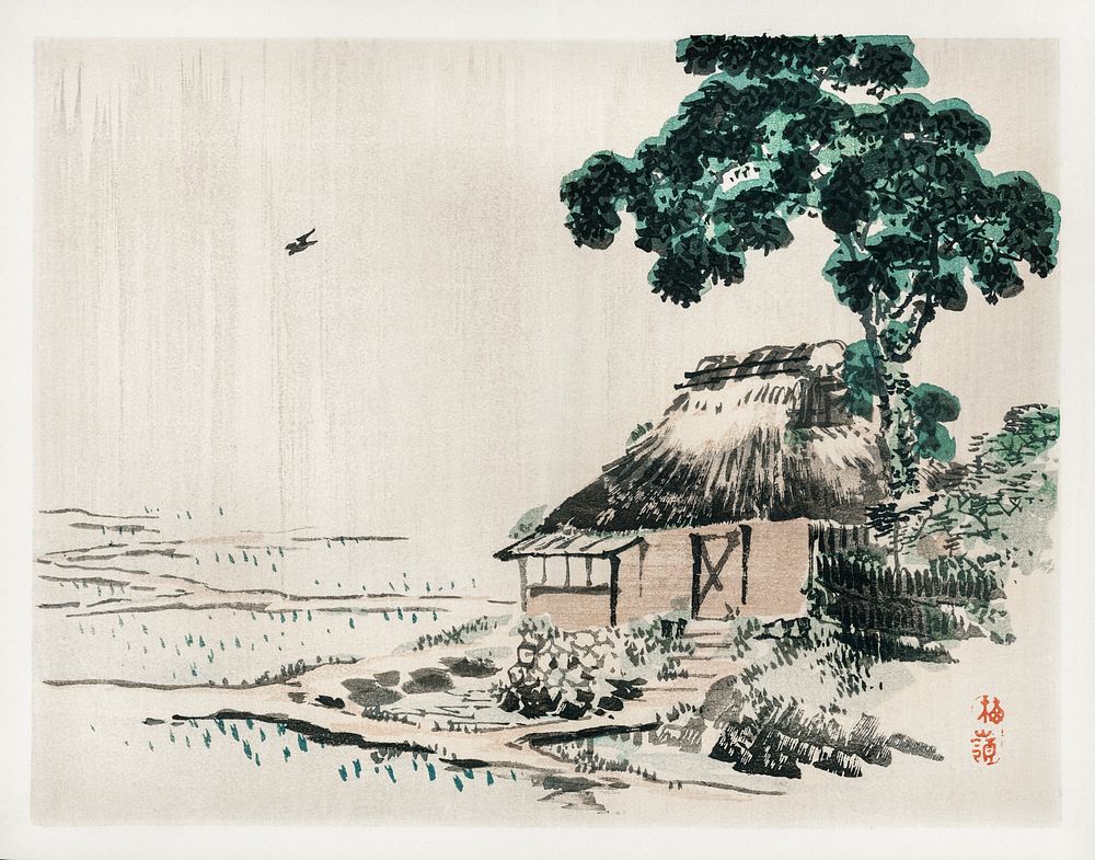 Cottage by Kōno Bairei (1844-1895). Digitally enhanced from our own original 1913 edition of Barei Gakan. 