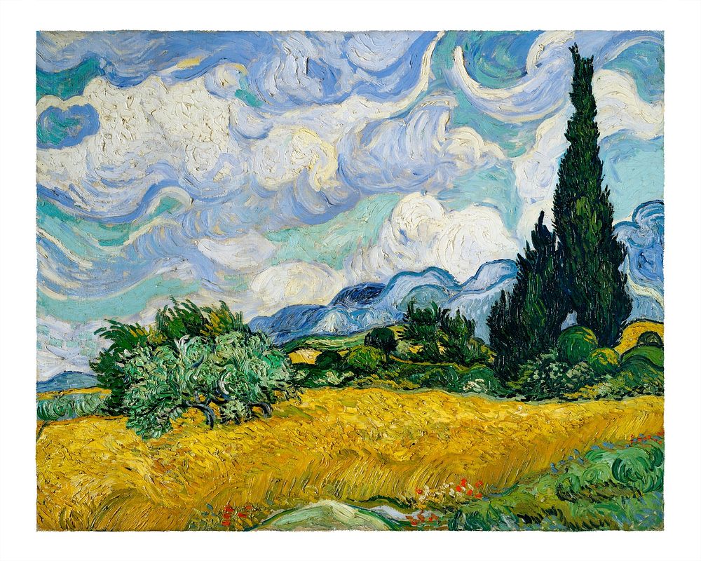 Wheat Field with Cypresses illustration wall art print and poster. Original by Vincent van Gogh, digitally enhanced by…