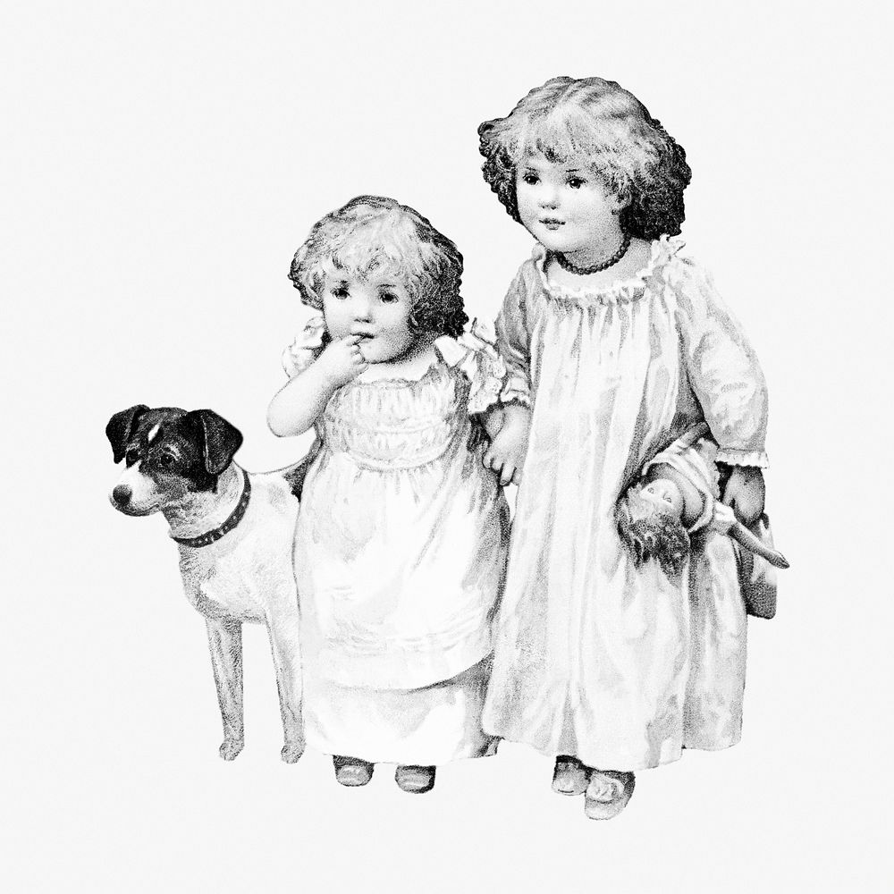 Vintage monochrome children and dog illustration