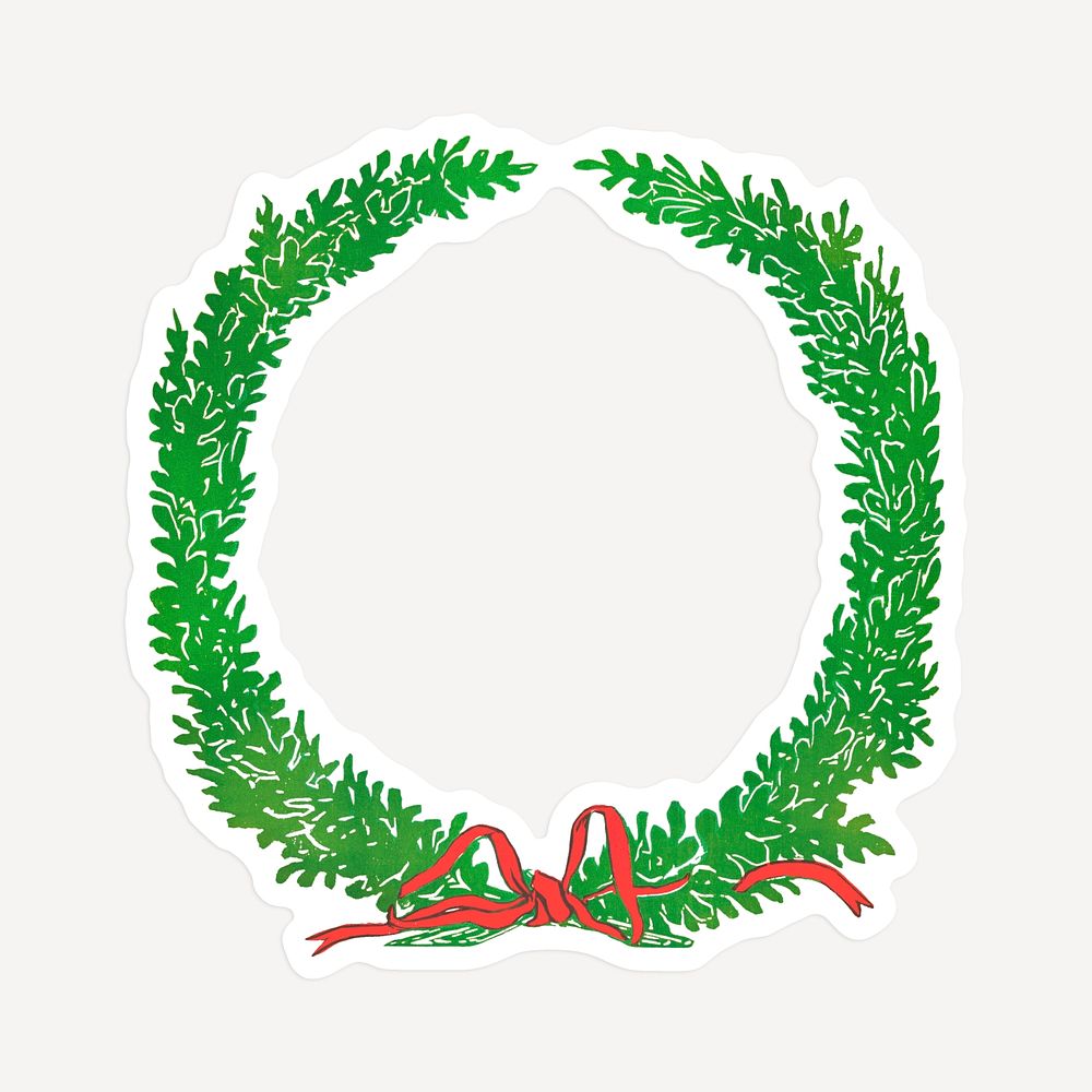 Christmas wreath with ribbon sticker with white border