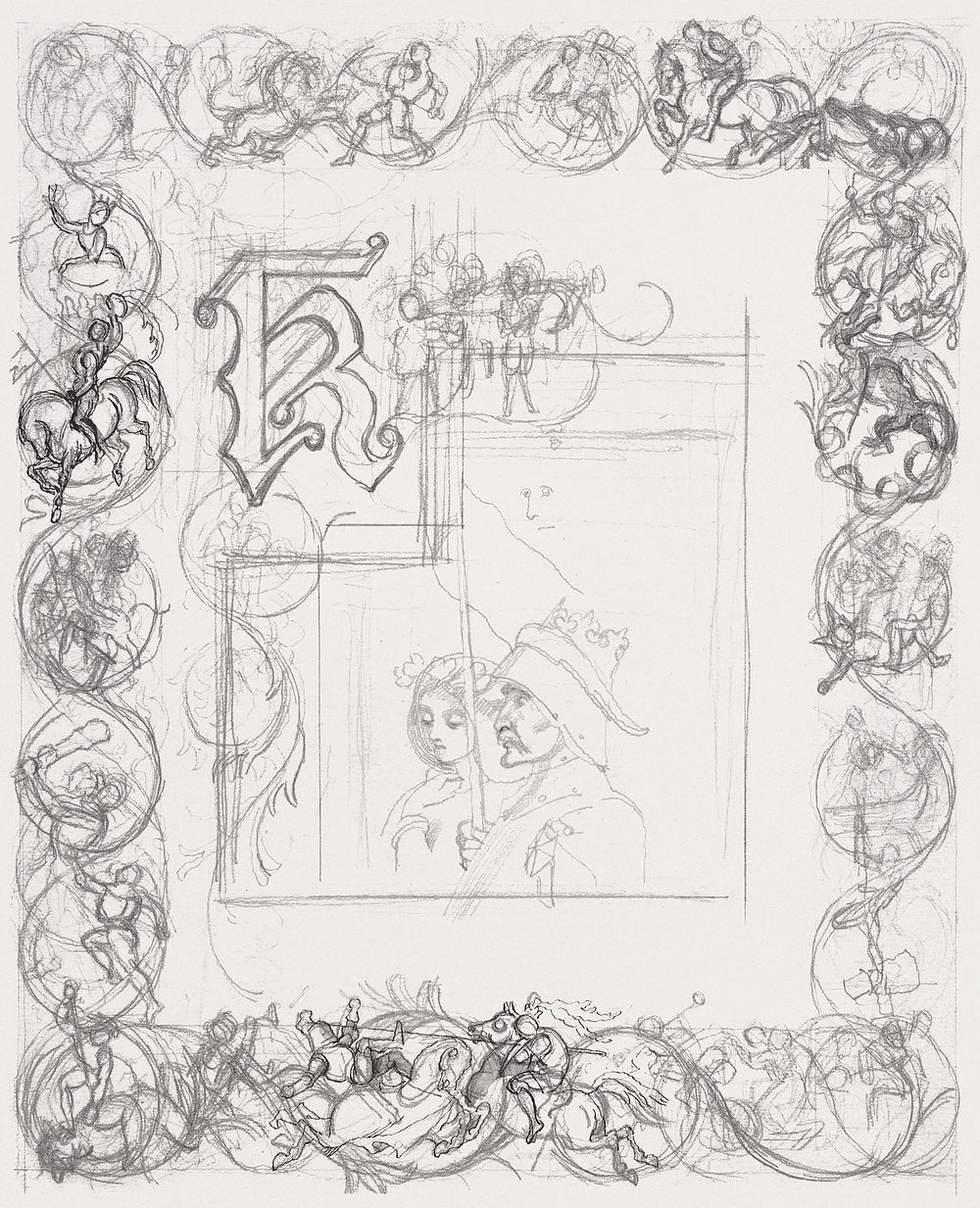 Title Page Design for "The Tournament" (recto); Small Sketches for Border Elements (verso) (1840) by Richard Doyle. Original…