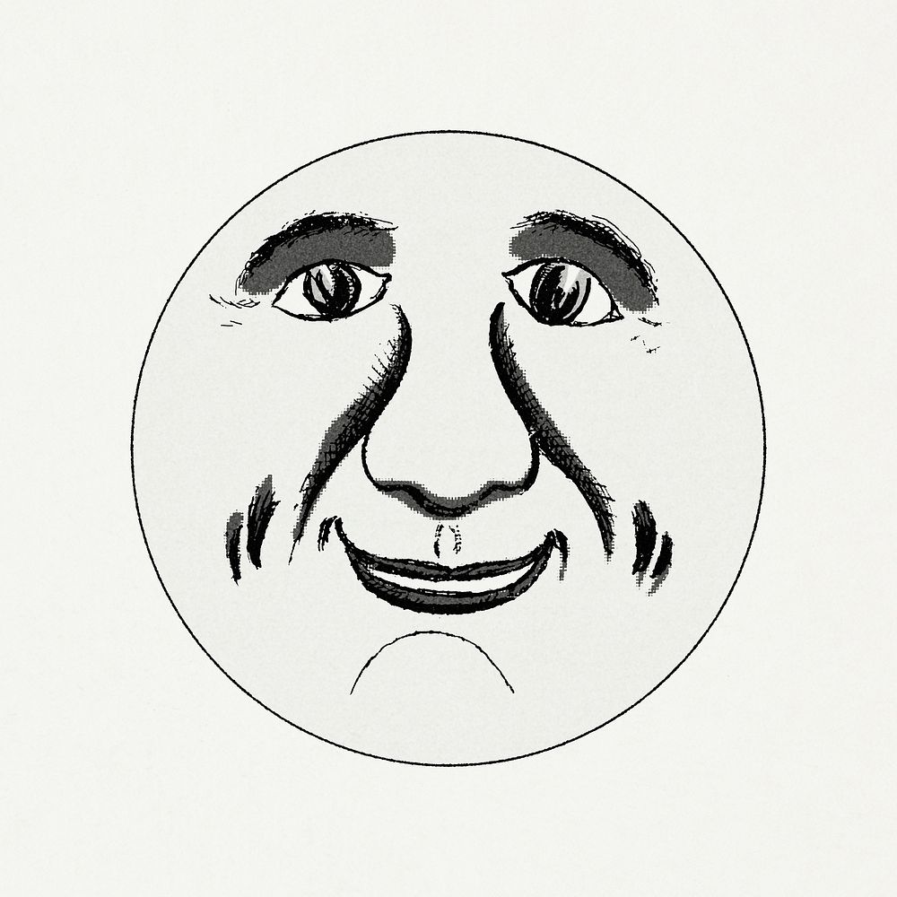 Smiling celestial sun face line art in black and white design element