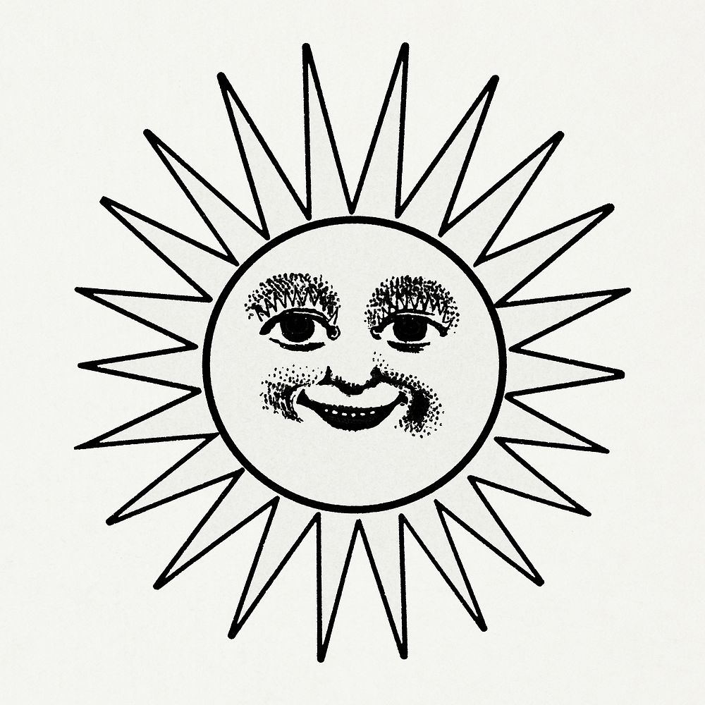 Smiling celestial sun face with ray line art in black and white design element