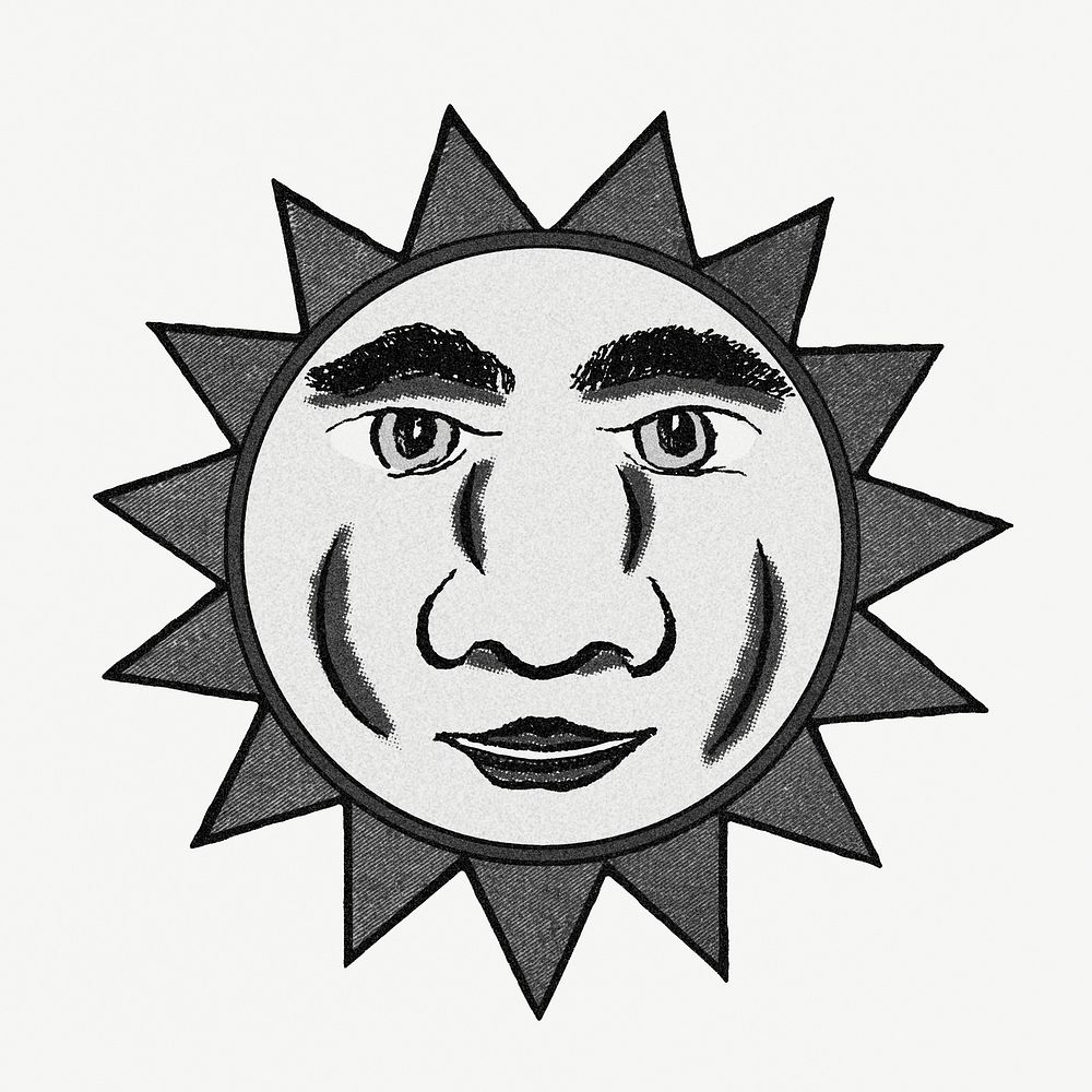 Celestial sun face with ray in black and white design element