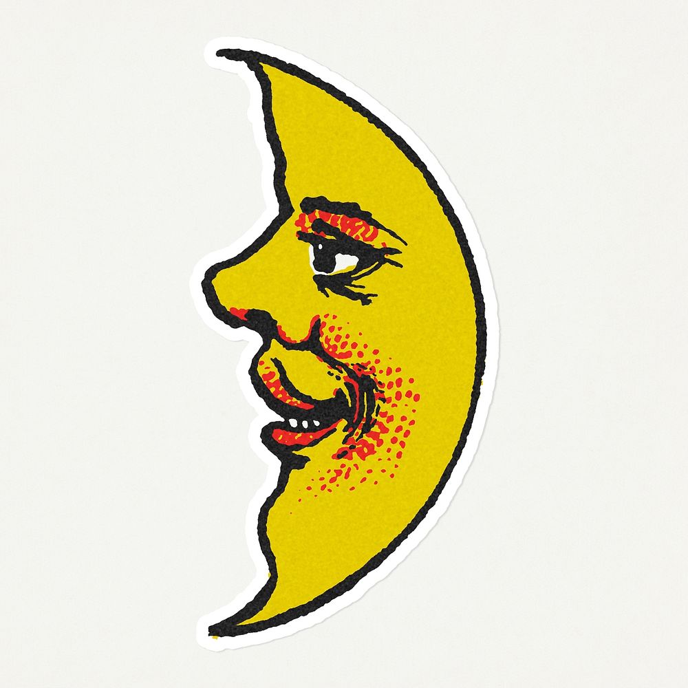 Celestial crescent moon face sticker with white border