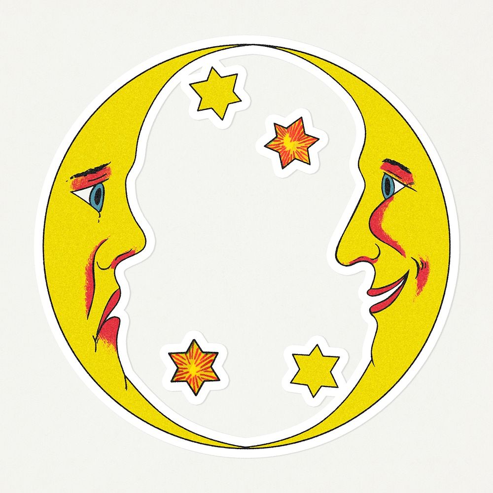 Celestial doublecrescent moon face with stars sticker with white border