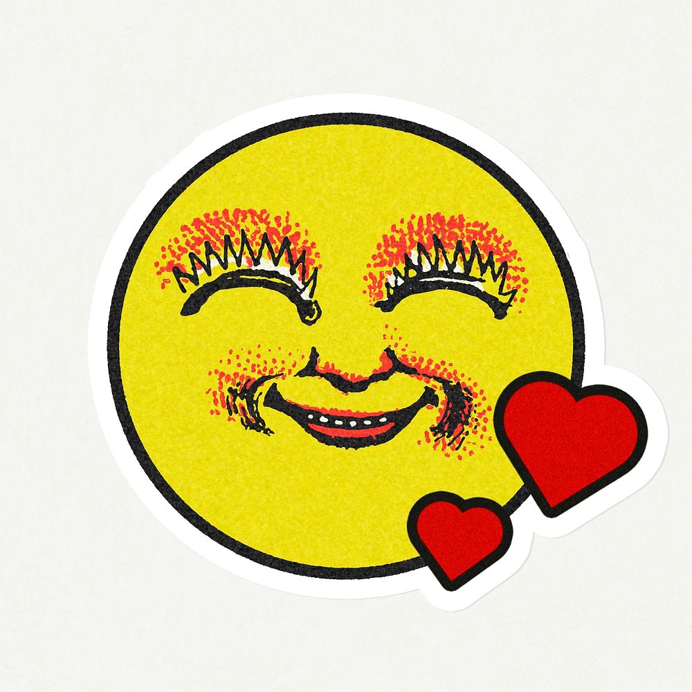 Vintage yellow round happy emoji sticker with white border