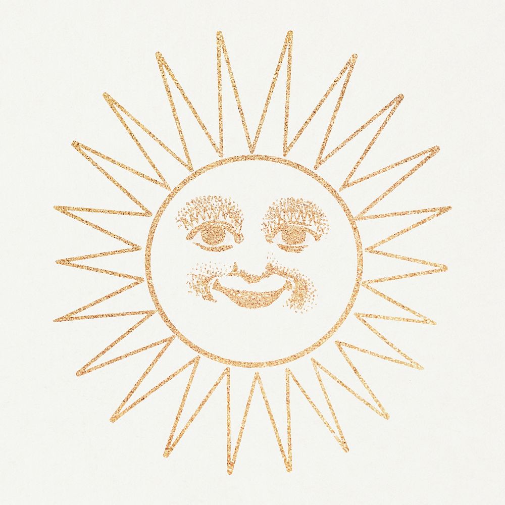 Gold smiling celestial sun facewith ray line art design element