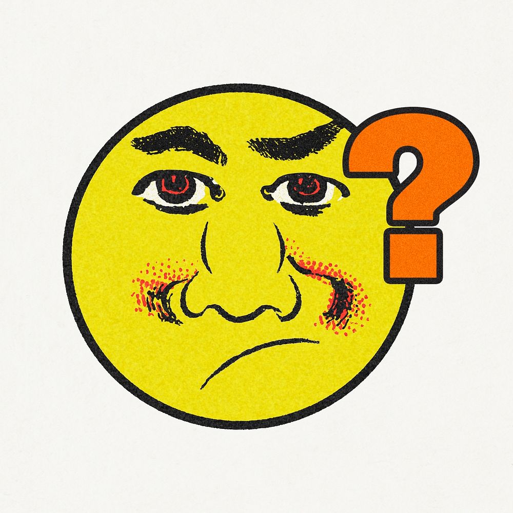 Vintage yellow round emoji with question mask design element