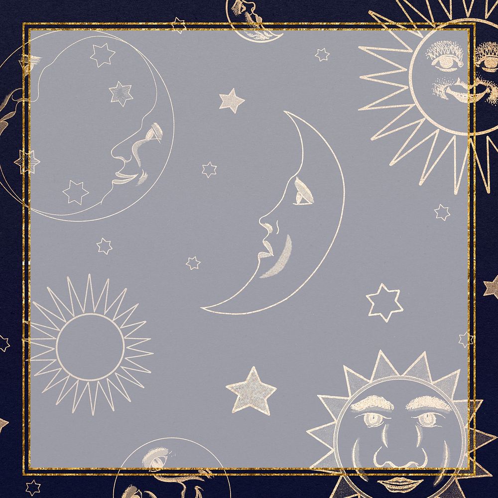 Gold celestial sun, moon and stars frame on black background design element