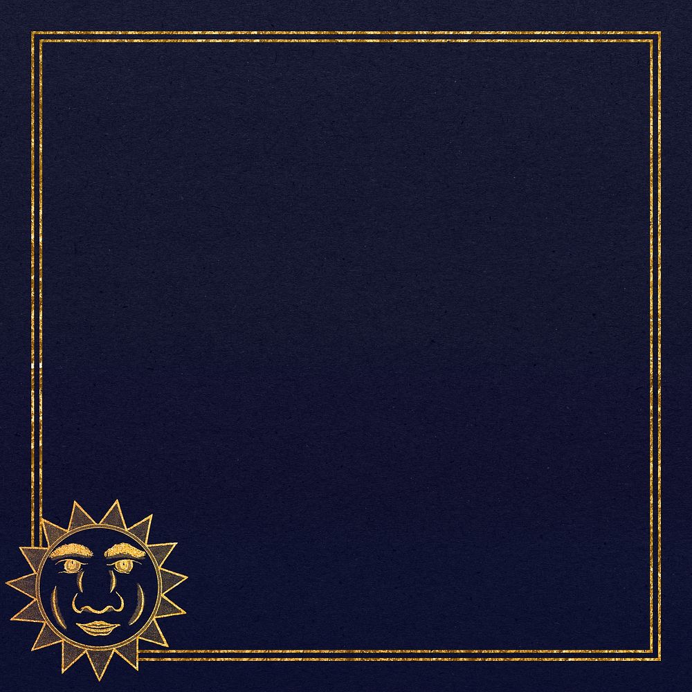 Gold celestial sun face frame on black background design element