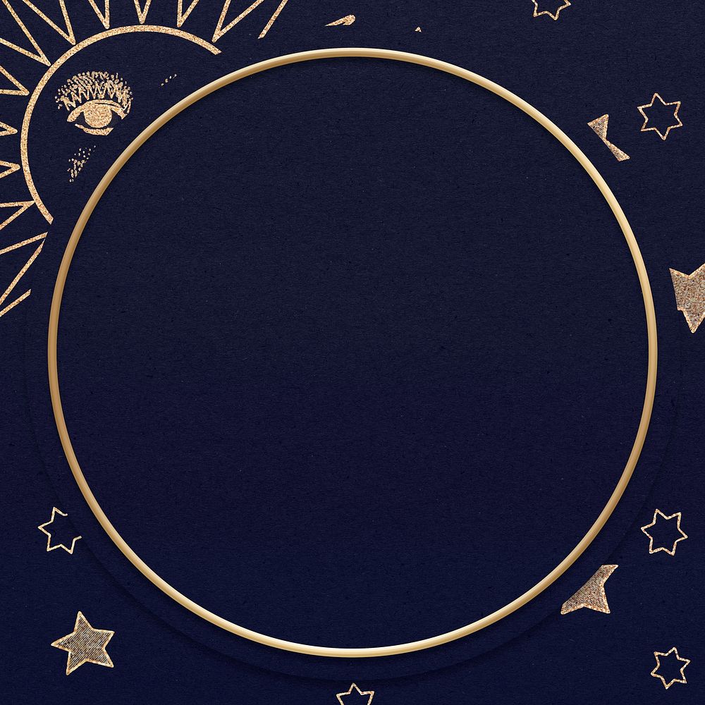 Gold celestial sun face and stars frame on black background design element