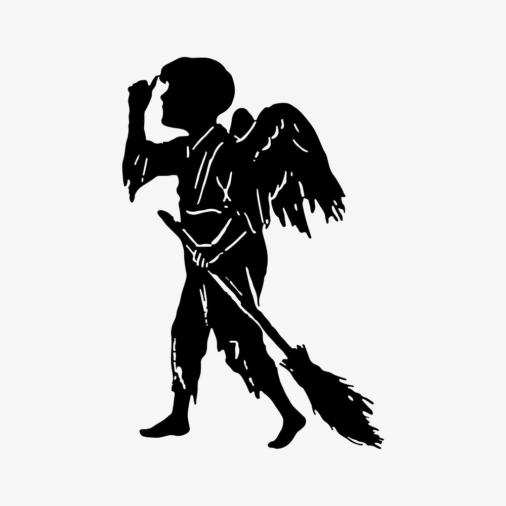 Ragged angel holding a broomstick silhouette illustration vector