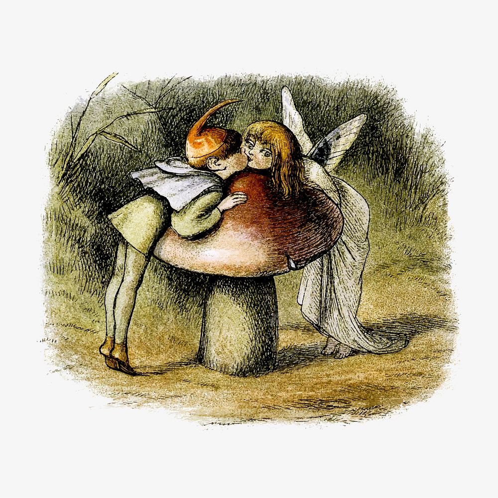 Angels kissing over a mushroom illustration vector