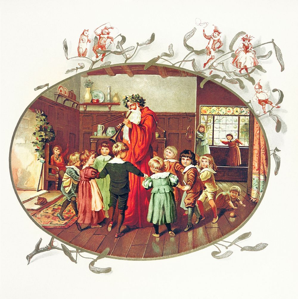 Santa Claus with children illustration from The Coming of Father Christmas (1894) by Eliza F. Manning. Original from the…