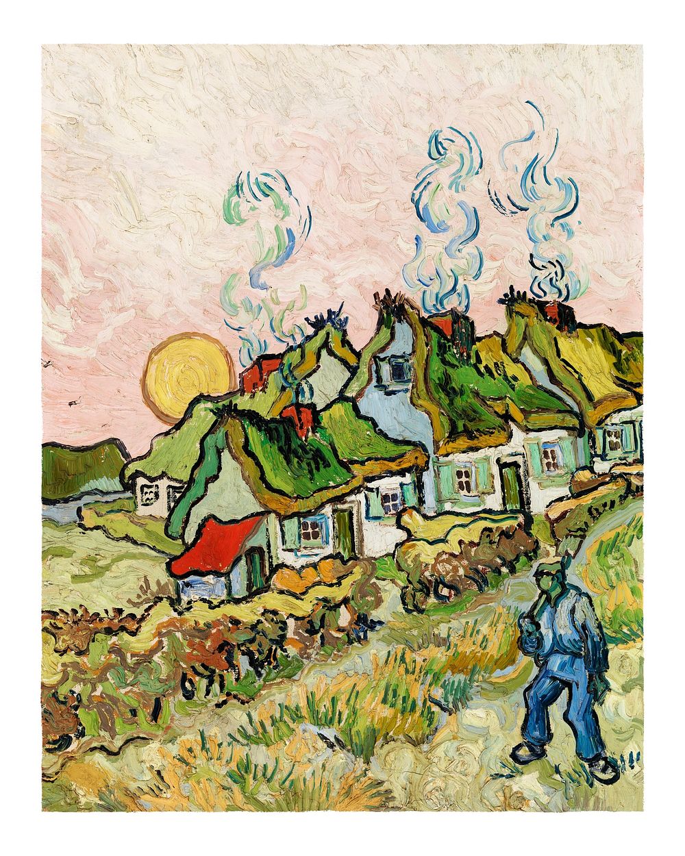 Houses and Figure illustration wall art print and poster. Original by Vincent van Gogh, digitally enhanced by rawpixel. 