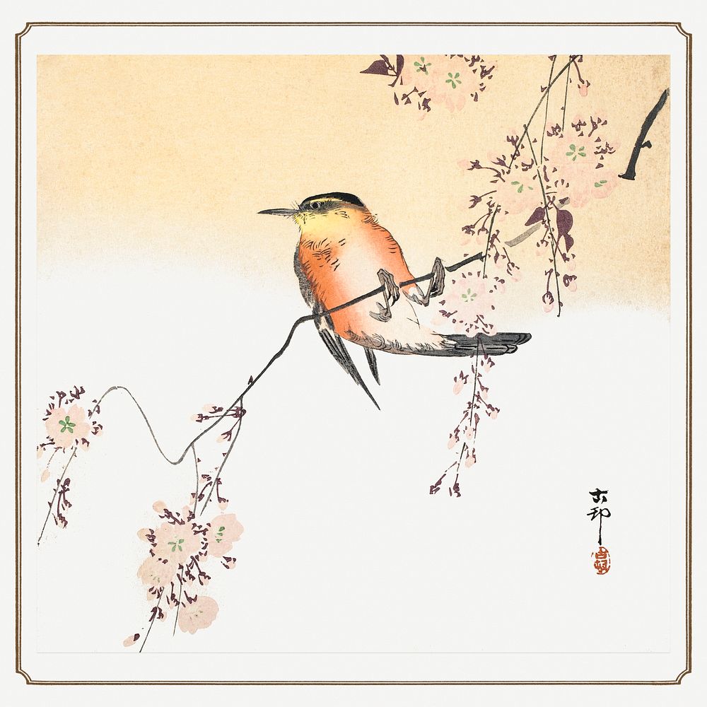 Songbird and Blossoming Cherry (ca. 1900) by Ohara Koson (1877&ndash;1945). Original from the Los Angeles County Museum of…