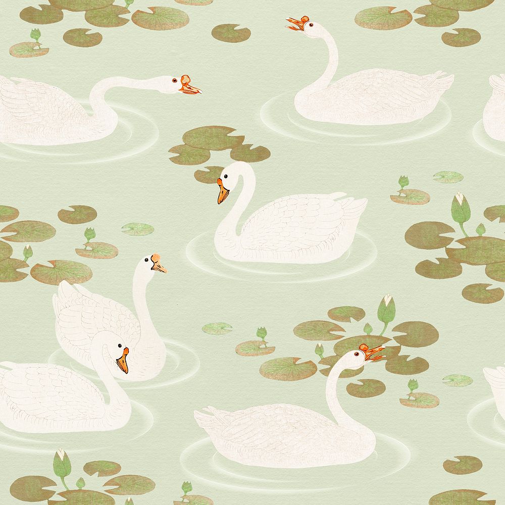 White geese seamless pattern on a green background illustration