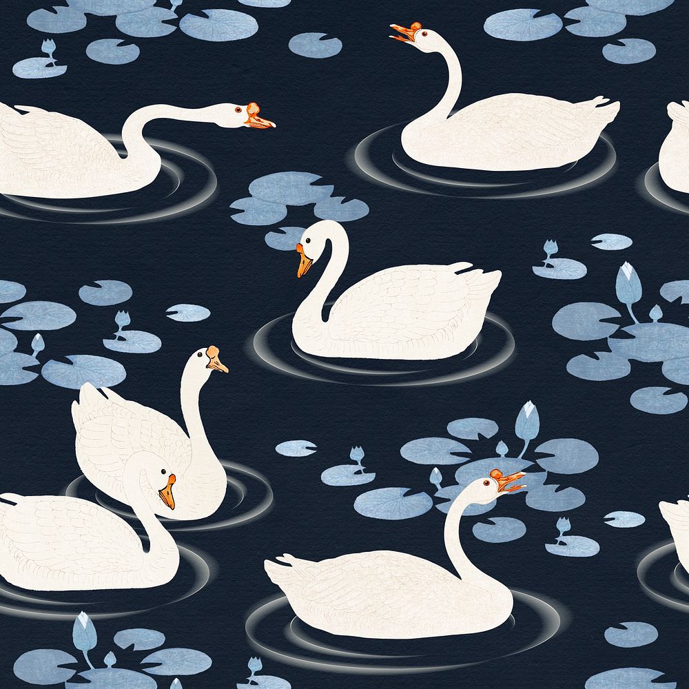White geese seamless pattern on a dark blue background illustration
