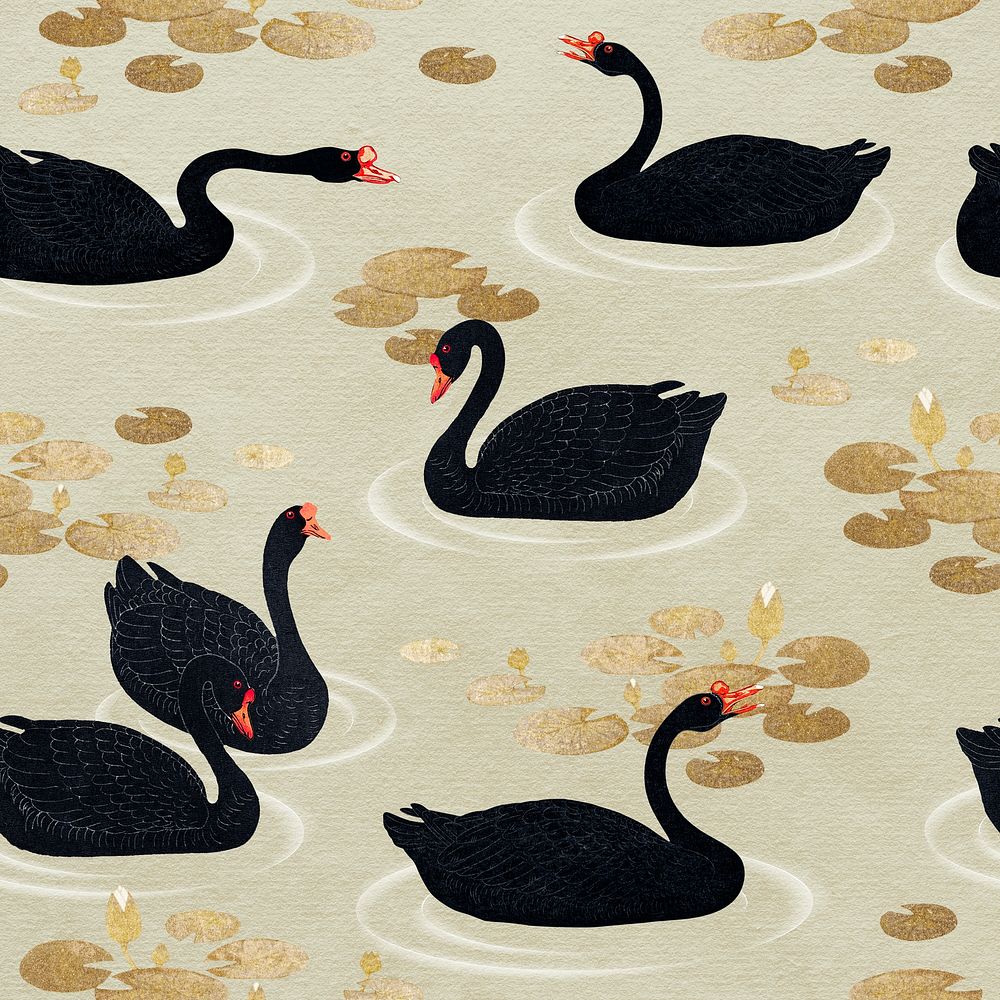 Black geese with gold lotus seamless pattern on a beige background illustration
