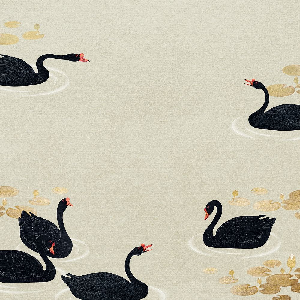 Swimming black geese in a gold lotus pond background illustration