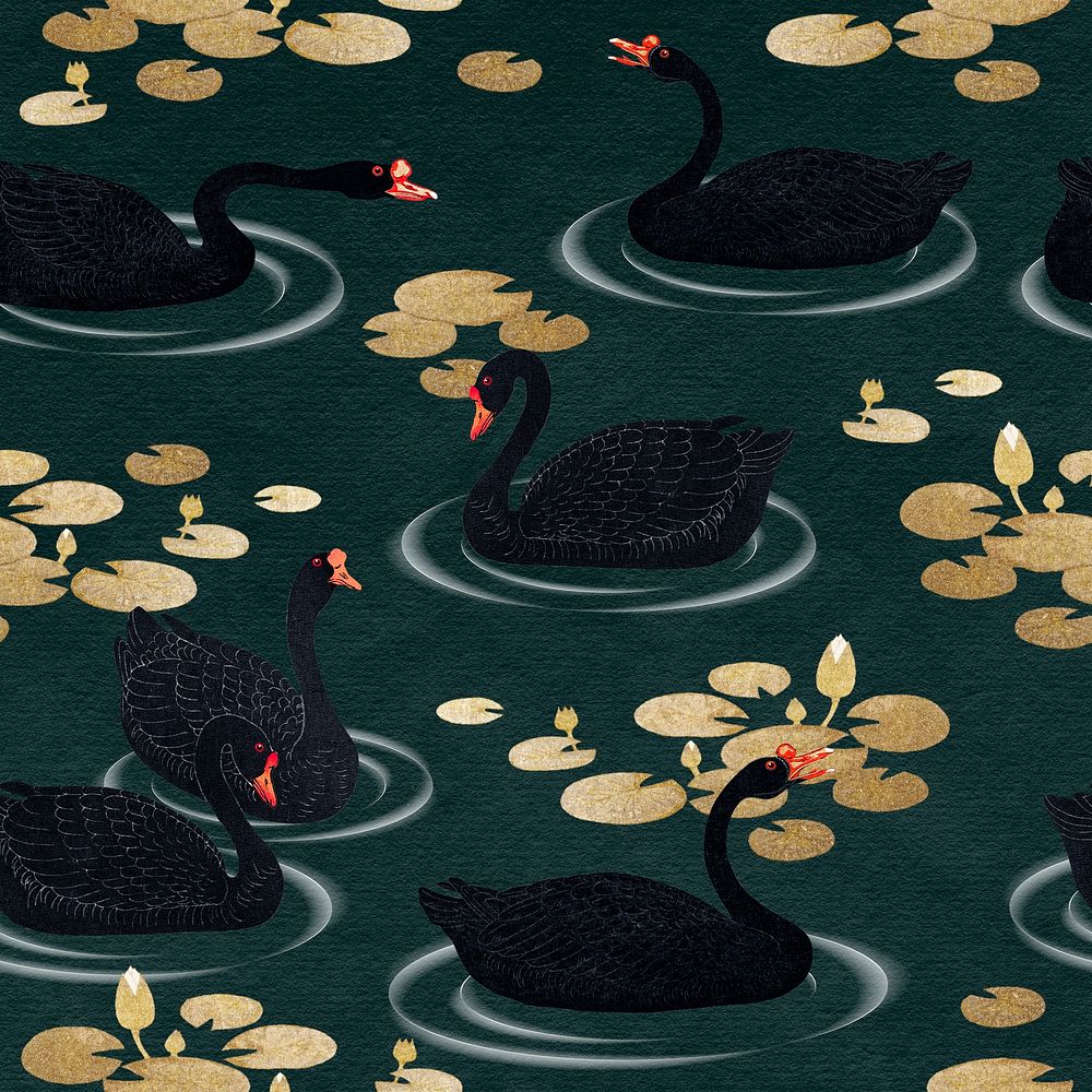 Black geese with gold lotus seamless pattern on a dark green background illustration