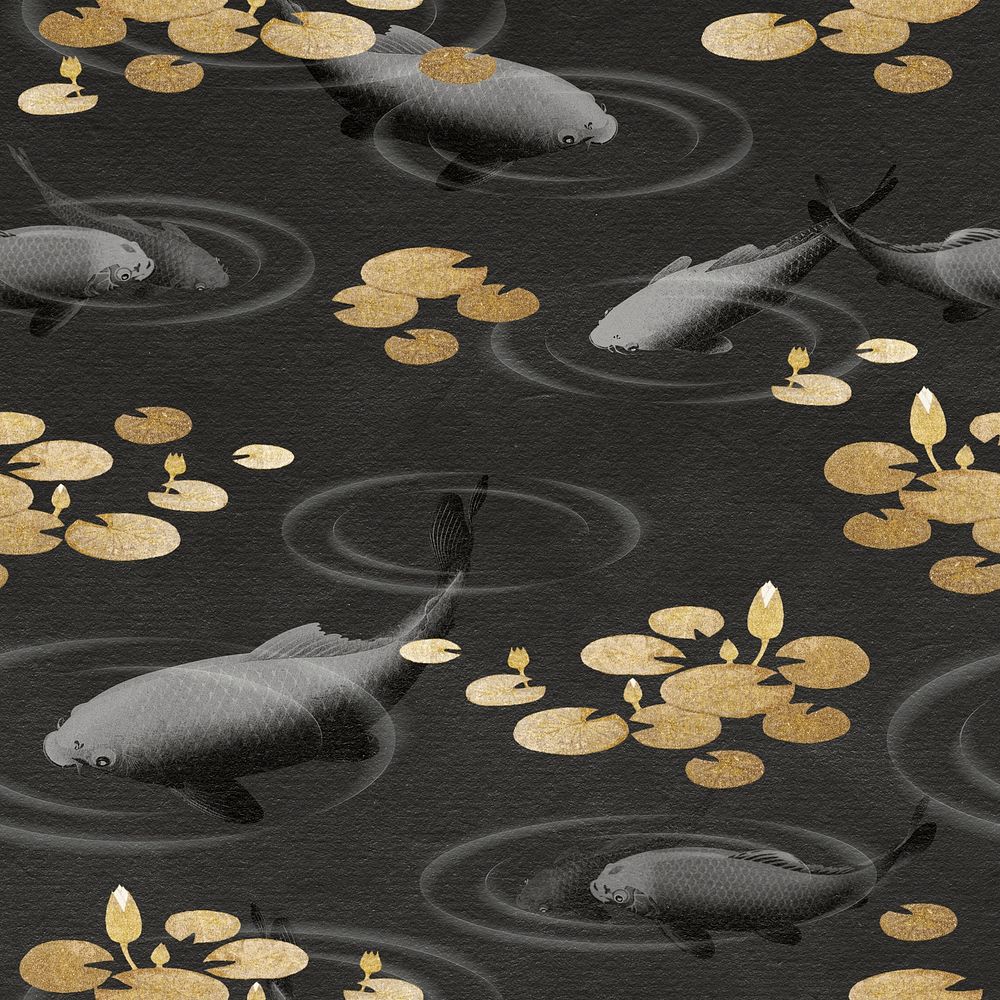 Black carp fish with gold lotus seamless pattern on a black background illustration
