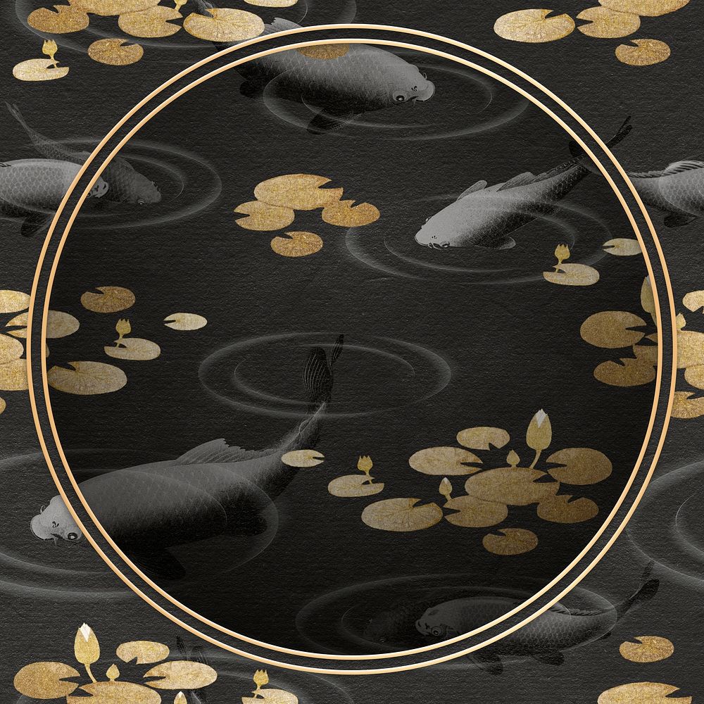 Golden koi fish frame design element on black background