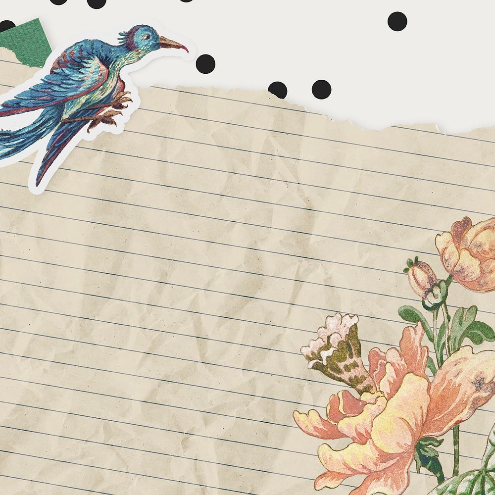 Blue bird and flower on paper texture template 