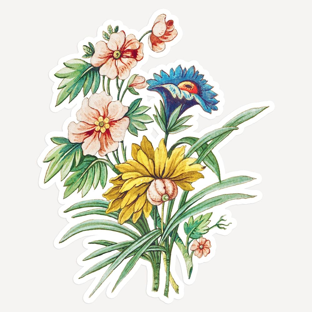 Vintage flower bouquet sticker with white border
