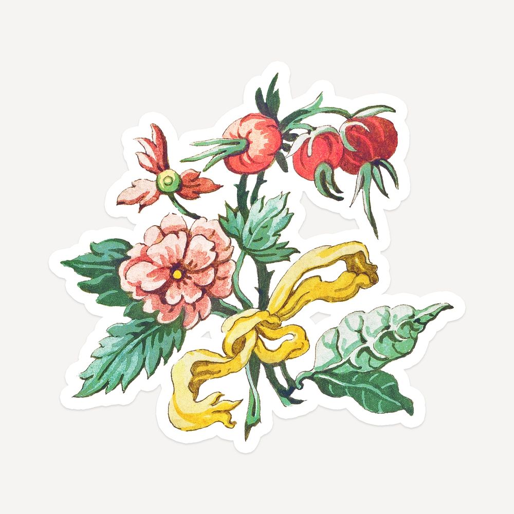 Vintage flower bouquet sticker with white border