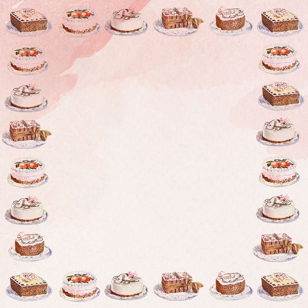 Fancy cakes frame on a pink watercolor background