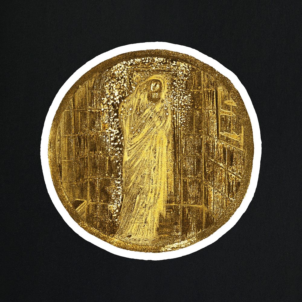 Vintage allegory gold badge illustration sticker with white border on black background