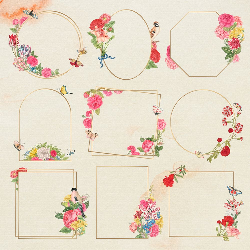 Floral gold frame set, remixed from the 18th-century artworks from the Smithsonian archive.