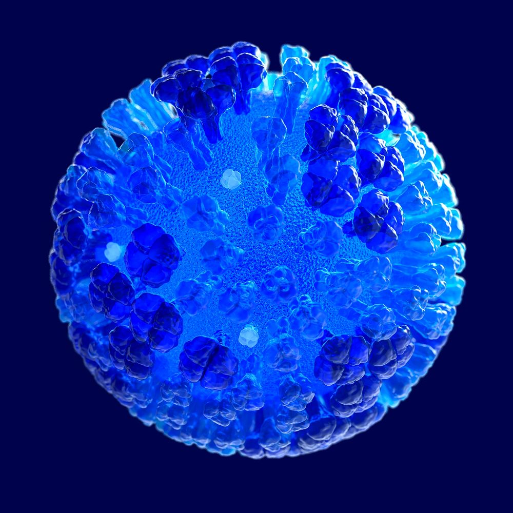Influenza virus illustration in semi- transparent blue. Original image sourced from US Government department: Public Health…