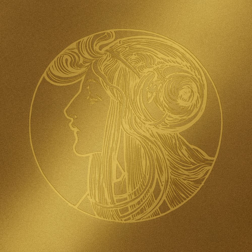 Art nouveau gold badge lady psd, remixed from the artworks of Alphonse Maria Mucha