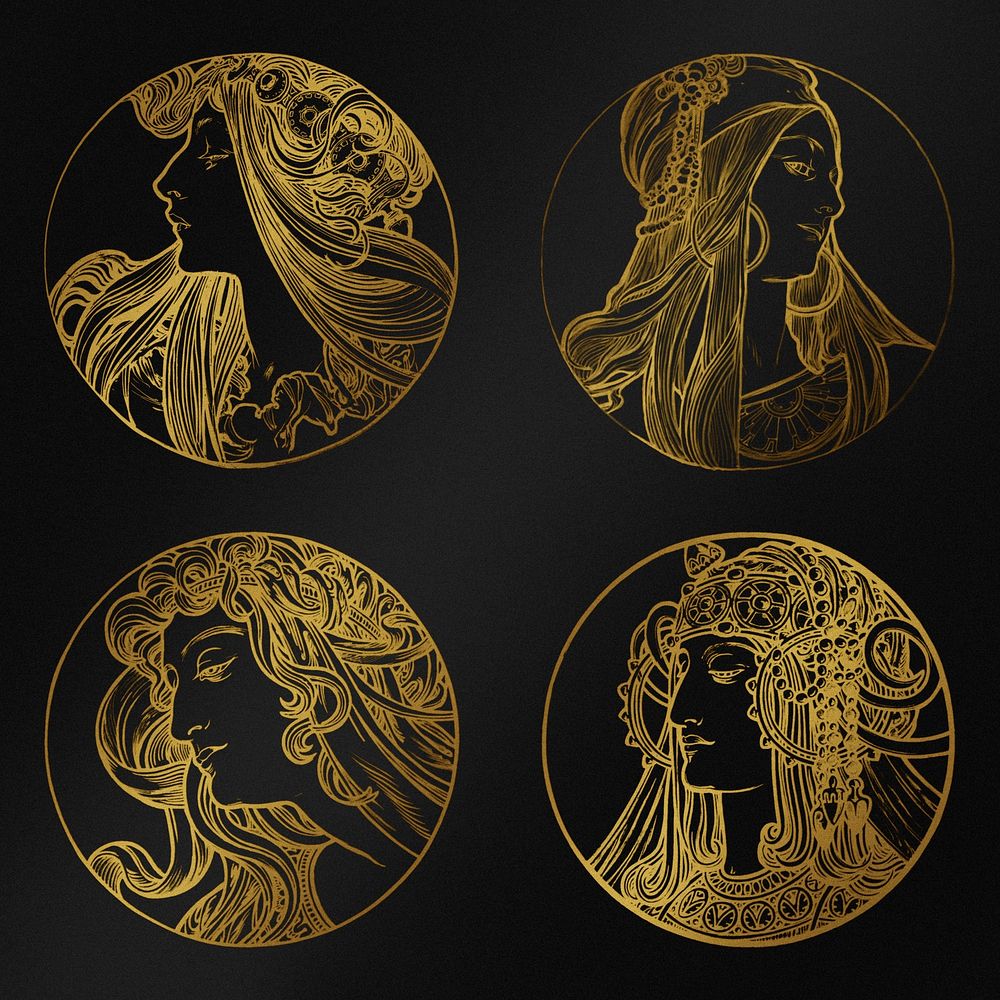 Art nouveau gold silhouette lady psd illustration set, remixed from the artworks of Alphonse Maria Mucha