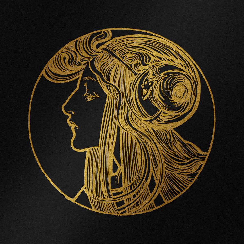 Art nouveau gold silhouette vintage woman psd, remixed from the artworks of Alphonse Maria Mucha